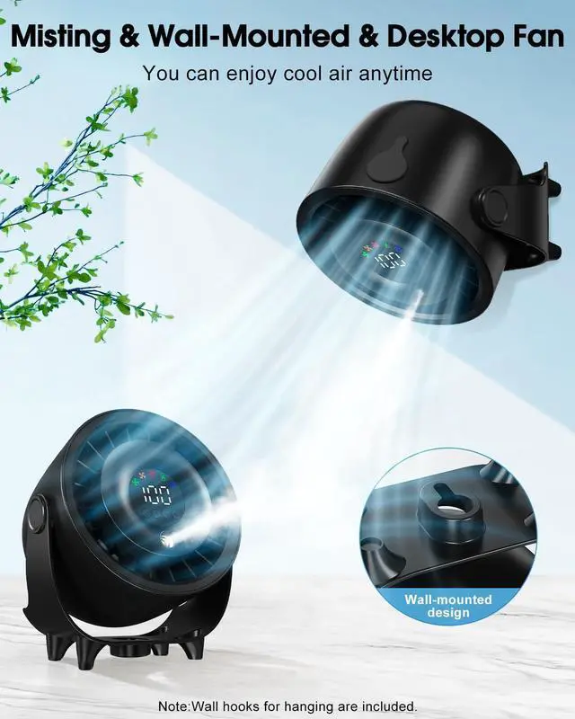 Alt view image 14 of 14 - Small Desk Fan, 4000mAh Portable Misting Quiet Table Fan with Digital Display, Wall-Mouted Design USB Rechargeable Desk Fans for Office Bedroom Home Travel Outdoor Black