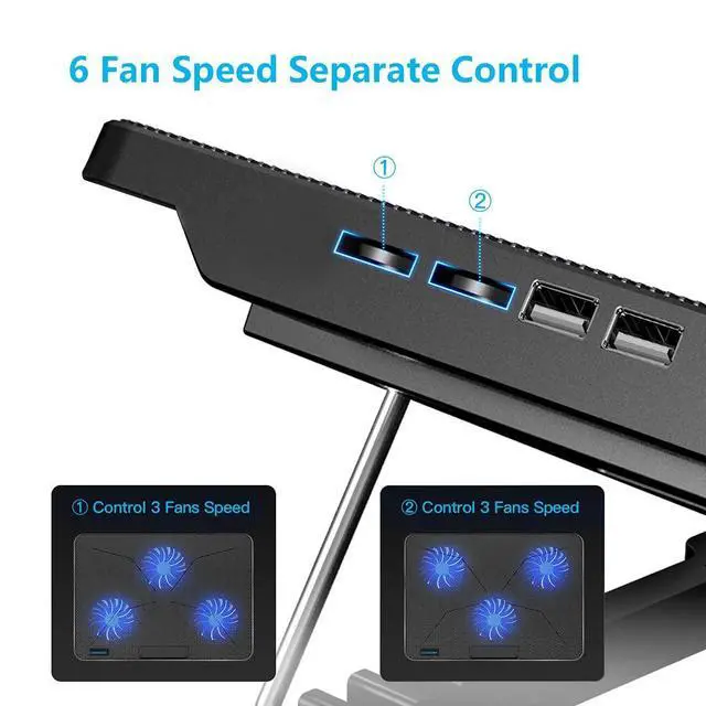 Alt view image 12 of 14 - Laptop Cooling Pad, Laptop Cooler with 6 Quiet Fans for 12-17 Inch Notebook Gaming Fan Stable Stand, 7 Height & Wind Speed Adjustable, 2 USB Port & Phone Holder (Black)