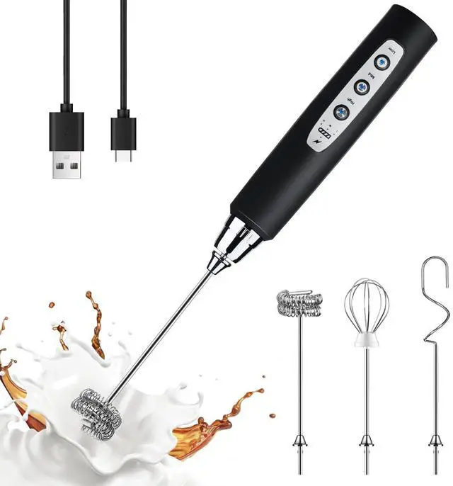 Alt view image 8 of 14 - Black Handheld Milk Frother Wand for Coffee, Rechargeable Electric Whisk with 3 Heads 3 Speeds Drink Mixer Coffee Frother For Latte, Cappuccino, Hot Chocolate, Egg