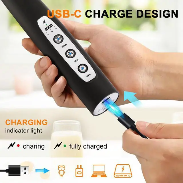 Alt view image 9 of 14 - Black Handheld Milk Frother Wand for Coffee, Rechargeable Electric Whisk with 3 Heads 3 Speeds Drink Mixer Coffee Frother For Latte, Cappuccino, Hot Chocolate, Egg