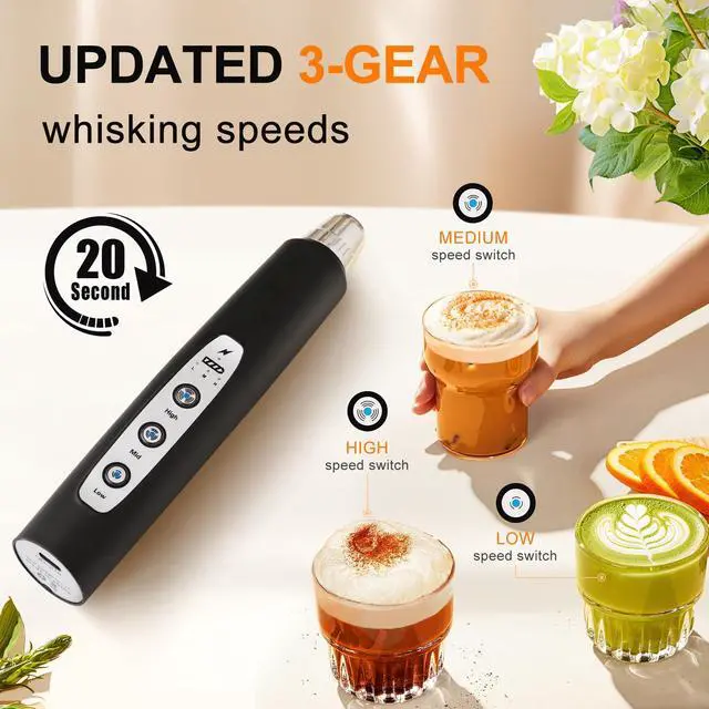 Alt view image 10 of 14 - Black Handheld Milk Frother Wand for Coffee, Rechargeable Electric Whisk with 3 Heads 3 Speeds Drink Mixer Coffee Frother For Latte, Cappuccino, Hot Chocolate, Egg