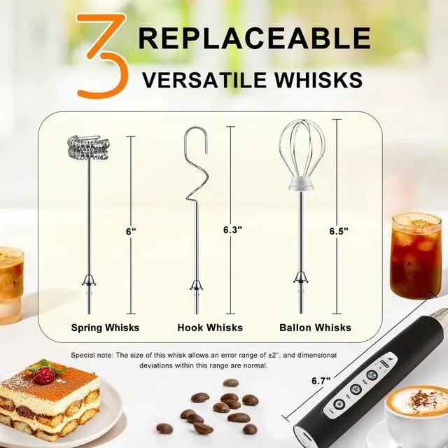 Alt view image 12 of 14 - Black Handheld Milk Frother Wand for Coffee, Rechargeable Electric Whisk with 3 Heads 3 Speeds Drink Mixer Coffee Frother For Latte, Cappuccino, Hot Chocolate, Egg