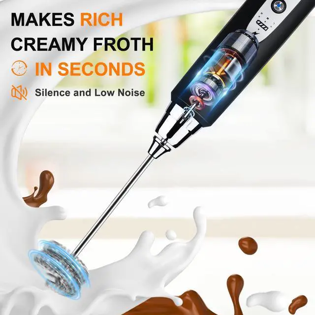Alt view image 13 of 14 - Black Handheld Milk Frother Wand for Coffee, Rechargeable Electric Whisk with 3 Heads 3 Speeds Drink Mixer Coffee Frother For Latte, Cappuccino, Hot Chocolate, Egg