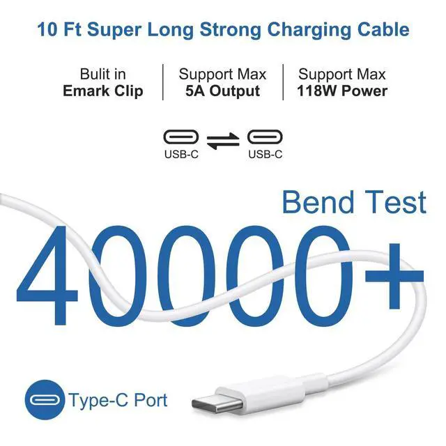 Alt view image 9 of 14 - 10FT Mac Book Pro Air Charger, Long Type C Charging Cable with 118W 96W 87W 61W USB Type C(USB-C) Fast Power Adapter, Compatible with MacBook Air Pro and All USB-C Devices