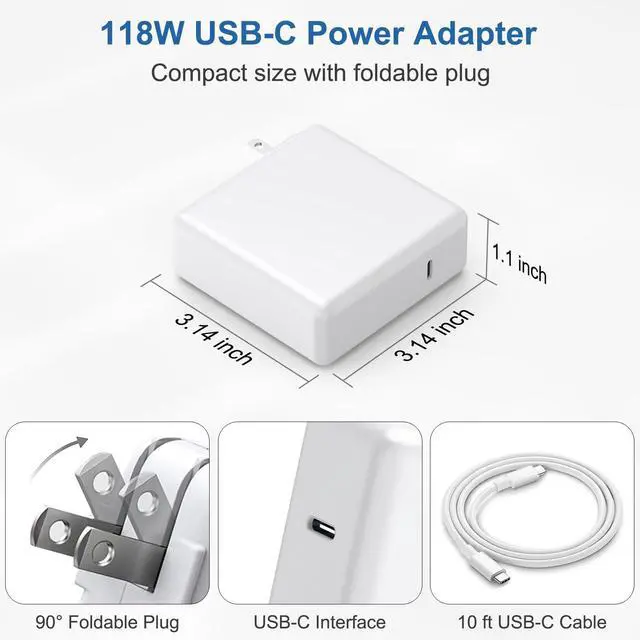 Alt view image 14 of 14 - 10FT Mac Book Pro Air Charger, Long Type C Charging Cable with 118W 96W 87W 61W USB Type C(USB-C) Fast Power Adapter, Compatible with MacBook Air Pro and All USB-C Devices