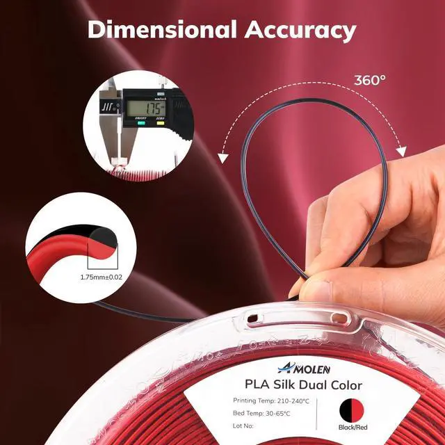 Alt view image 12 of 14 - Silk PLA 3D Printer Filament, Silk Dual Color Red Black PLA Filament 1.75mm, Shiny Coextrusion PLA Filament, Color Change 3D Printing Filament 1KG/2.2lb