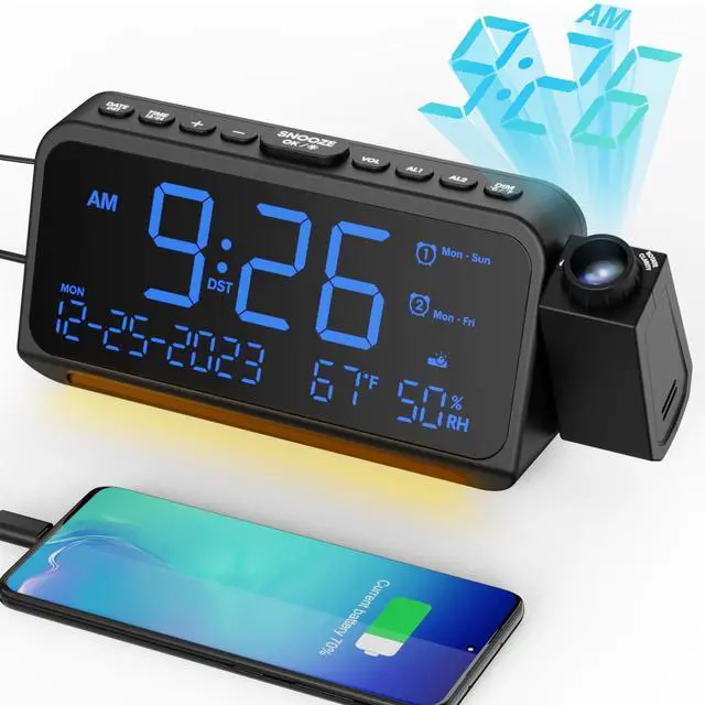 Alt view image 8 of 14 - Projection Alarm Clock for Bedroom Ceiling, Digital Clock Projector with Weekday/Weekend Mode, Date, Temperature, Humidity, Type-C USB Charger, Snooze, Dual Alarms, Dimmer,12/24H