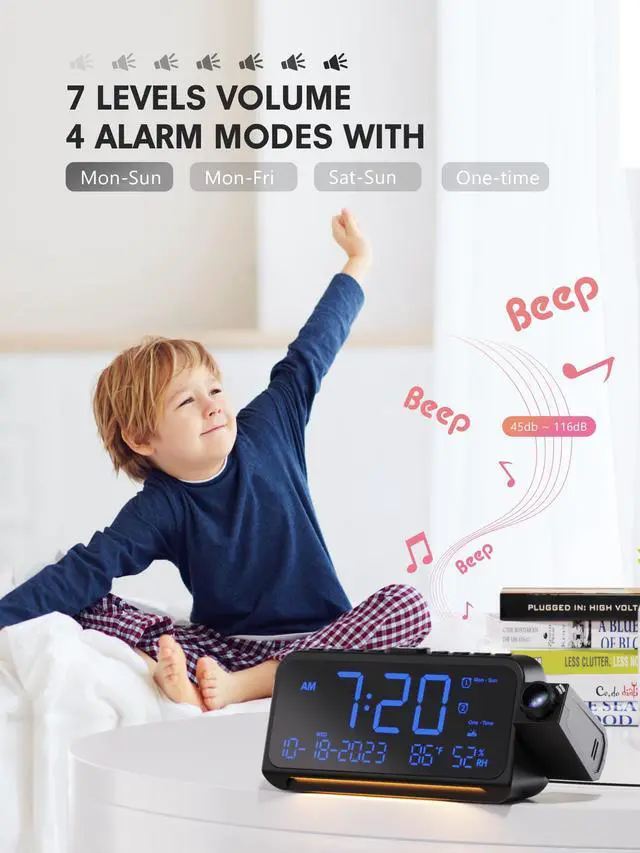 Alt view image 12 of 14 - Projection Alarm Clock for Bedroom Ceiling, Digital Clock Projector with Weekday/Weekend Mode, Date, Temperature, Humidity, Type-C USB Charger, Snooze, Dual Alarms, Dimmer,12/24H