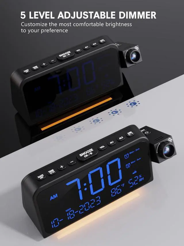 Alt view image 14 of 14 - Projection Alarm Clock for Bedroom Ceiling, Digital Clock Projector with Weekday/Weekend Mode, Date, Temperature, Humidity, Type-C USB Charger, Snooze, Dual Alarms, Dimmer,12/24H