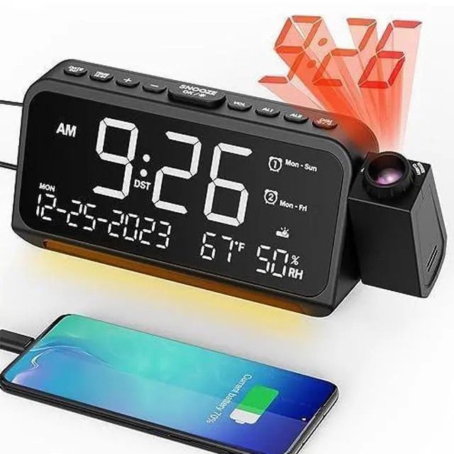 Alt view image 8 of 14 - Projection Alarm Clock for Bedroom, Digital Clock with Projection on Ceiling with Night Light, Date, Temperature, Humidity, Type-C USB Charger, Snooze, Dual Alarms, Dimmer,12/24H