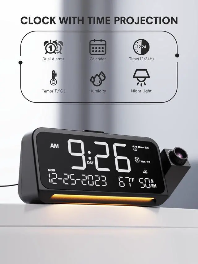 Alt view image 9 of 14 - Projection Alarm Clock for Bedroom, Digital Clock with Projection on Ceiling with Night Light, Date, Temperature, Humidity, Type-C USB Charger, Snooze, Dual Alarms, Dimmer,12/24H