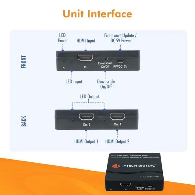 Alt view image 14 of 14 - HDMI Splitter 1 in 2 Out 4K 60Hz Multi-Resolution Output (MRO) HDMI 2.0 Splitter Supports Downscale HDR HDR10 / Dolby Vision 4K@60Hz 4:4:4 HDCP2.3 2.2 (JTECH-4KSP2)