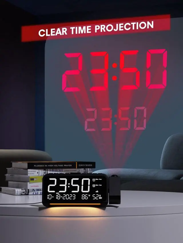 Alt view image 10 of 14 - Projection Alarm Clock for Bedroom, Digital Clock with Projection on Ceiling with Night Light, Date, Temperature, Humidity, Type-C USB Charger, Snooze, Dual Alarms, Dimmer,12/24H