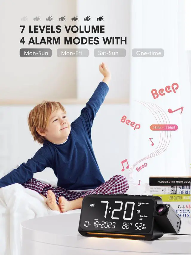 Alt view image 12 of 14 - Projection Alarm Clock for Bedroom, Digital Clock with Projection on Ceiling with Night Light, Date, Temperature, Humidity, Type-C USB Charger, Snooze, Dual Alarms, Dimmer,12/24H