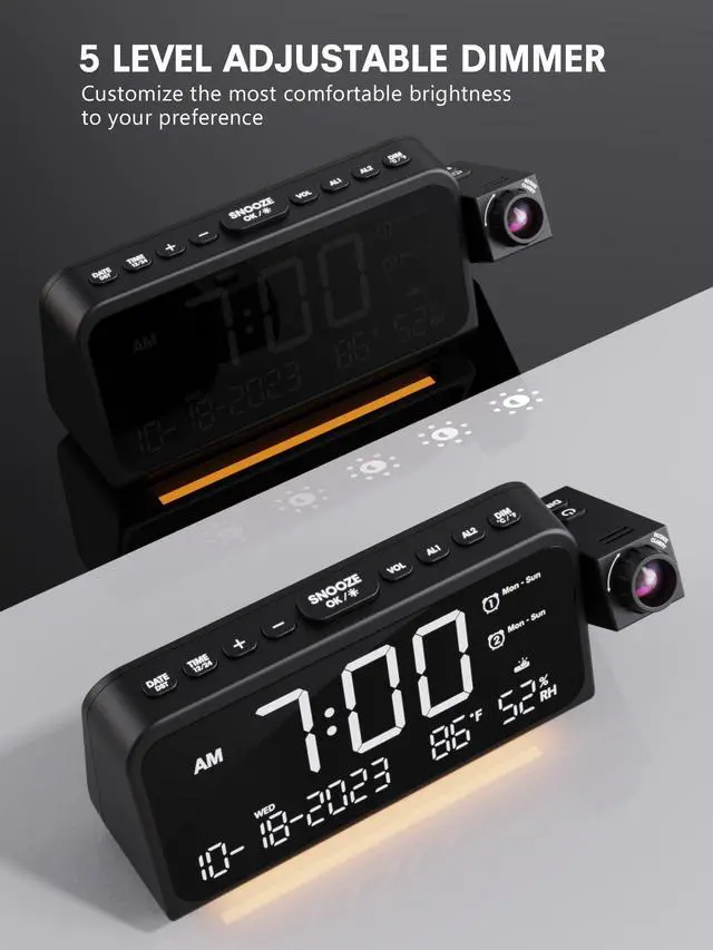 Alt view image 13 of 14 - Projection Alarm Clock for Bedroom, Digital Clock with Projection on Ceiling with Night Light, Date, Temperature, Humidity, Type-C USB Charger, Snooze, Dual Alarms, Dimmer,12/24H