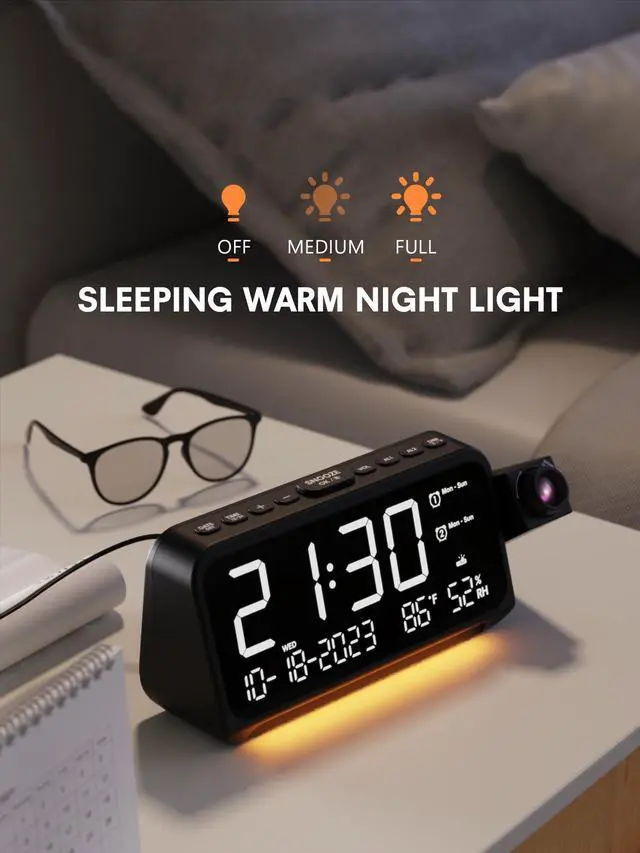 Alt view image 14 of 14 - Projection Alarm Clock for Bedroom, Digital Clock with Projection on Ceiling with Night Light, Date, Temperature, Humidity, Type-C USB Charger, Snooze, Dual Alarms, Dimmer,12/24H