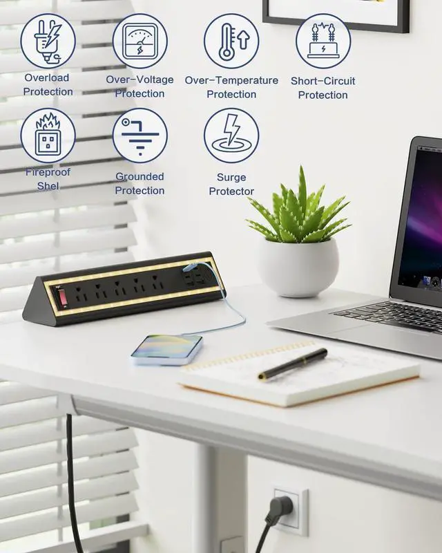 Alt view image 12 of 14 - Desk Clamp Power Strip with Nightlight, 40W Fast Charging, 6FT Extension Cord, 4x20W USB-C & 2 USB Ports, 5 AC Outlets, Fits 1.69-Inch Table Edges