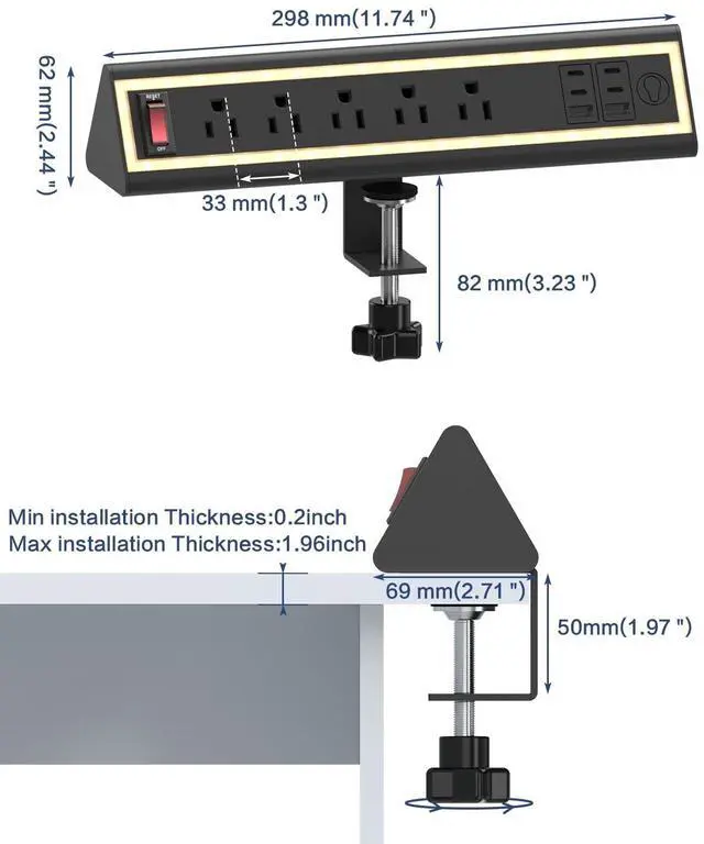 Alt view image 14 of 14 - Desk Clamp Power Strip with Nightlight, 40W Fast Charging, 6FT Extension Cord, 4x20W USB-C & 2 USB Ports, 5 AC Outlets, Fits 1.69-Inch Table Edges