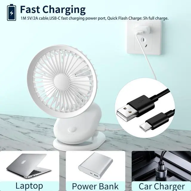 Alt view image 11 of 12 - Clip On Usb Fan Oscillating For Bed,5000mAh Battery Operated Fan For Desk,Mini Rechargeable Small Fans Portable for Office Stroller Bedroom and Camping(white)