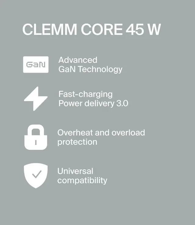Alt view image 14 of 14 - 45W Fast Charging Power Adapter for iPhone 17/16/15/14/13/12/11/X, Galaxy S24 Ultra/S23 & More - GaN, PD 3.0, PPS, USB-C × 2, Clemm Gray
