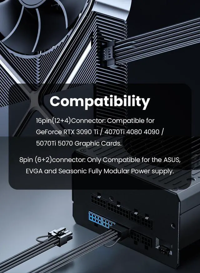 Alt view image 13 of 14 - PCIe 5.0 Power Cable 70cm - 16pin (12+4) 12VHPWR Connector for RTX 5070 Ti 4070 4080 4090 to 2x8pin (6+2) PCI-e Male Plugs GPU Sleeved Cord for ASUS EVGA Seasonic Modular Power Supply