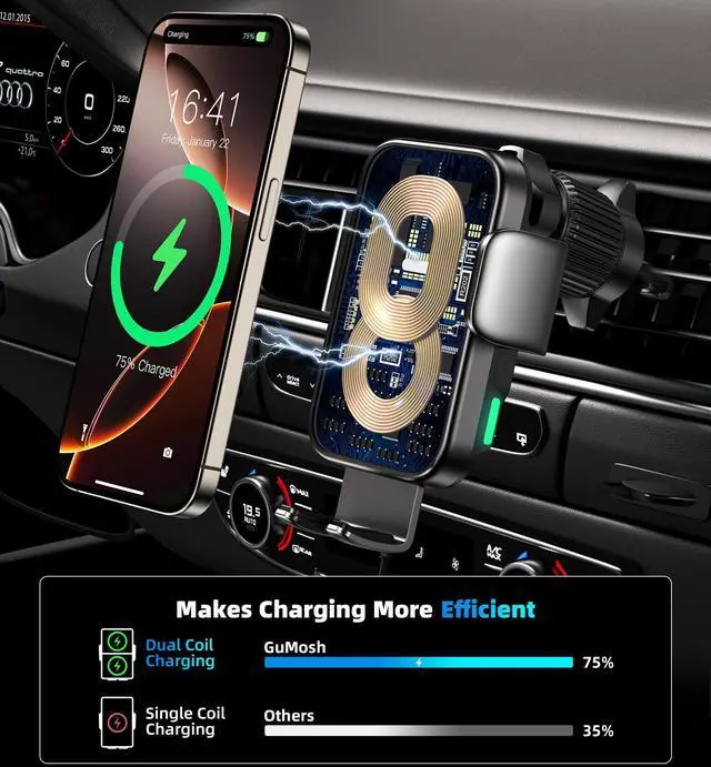 Alt view image 9 of 14 - Dual Coil 15W Cup Phone Holder Mount,Wireless Car Charger Auto-Clamping Fast Charging Vent Phone Holders for Your Car for iPhone 17/16/15,Samsung Flip S25 S24 S23 S22 Ultra