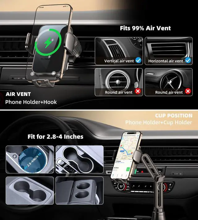 Alt view image 10 of 14 - Dual Coil 15W Cup Phone Holder Mount,Wireless Car Charger Auto-Clamping Fast Charging Vent Phone Holders for Your Car for iPhone 17/16/15,Samsung Flip S25 S24 S23 S22 Ultra
