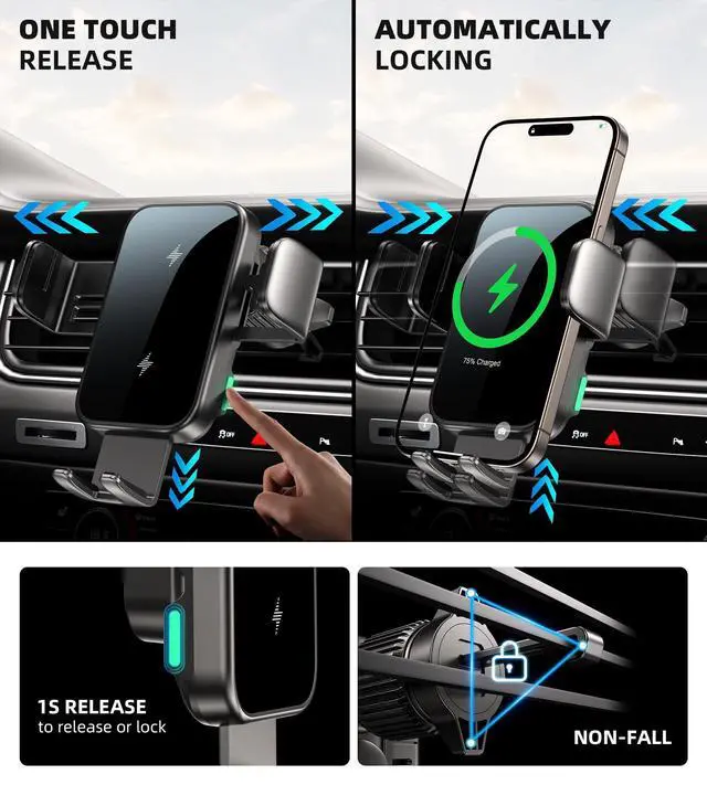 Alt view image 12 of 14 - Dual Coil 15W Cup Phone Holder Mount,Wireless Car Charger Auto-Clamping Fast Charging Vent Phone Holders for Your Car for iPhone 17/16/15,Samsung Flip S25 S24 S23 S22 Ultra