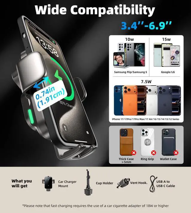 Alt view image 14 of 14 - Dual Coil 15W Cup Phone Holder Mount,Wireless Car Charger Auto-Clamping Fast Charging Vent Phone Holders for Your Car for iPhone 17/16/15,Samsung Flip S25 S24 S23 S22 Ultra