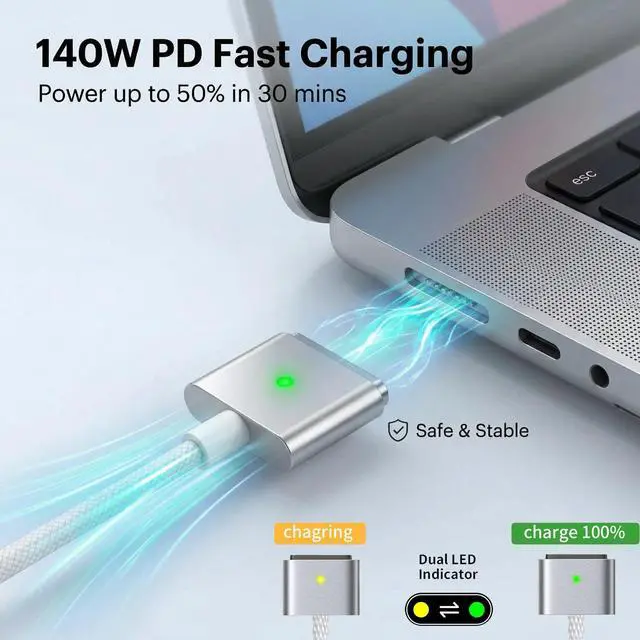 Alt view image 9 of 14 - USB-C to Magnetic 3 Cable 6.6ft, 140W PD Fast Charging Cable Compatible for Mac Book Pro 16/14/13 inch & Mac Book Air 15/13 inch (2021-2025 M1 M2 M3 M4), Nylon Braided, with Charging Indicator Light