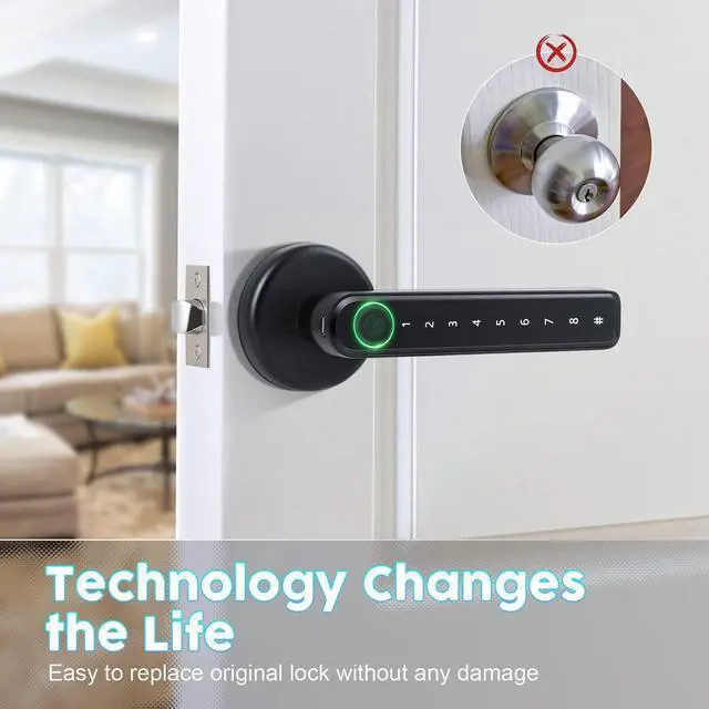 Alt view image 14 of 14 - Fingerprint Door Handle for Bedrooms - 191F 3-in-1 Fingerprint Door Lock with Keypad, Fingerprint Door Knob for Bedroom with Key, Keyless Entry Door Handle - Black