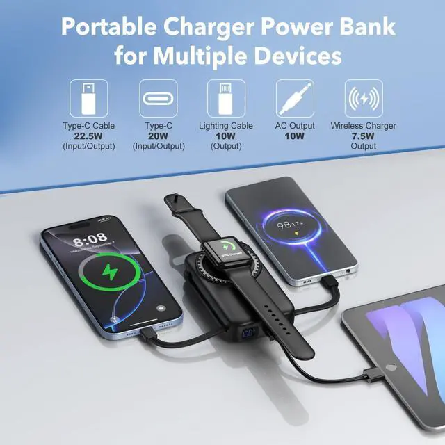 Alt view image 9 of 14 - Magnetic Portable Charger 10000mAh for iPhone with Built-in Cables and Wall Plug,Wireless Power Bank with iWatch Charger,LCD Display 22.5W Fast Charging Battery Pack for iPhone 16/15/14/13/12 (Black)