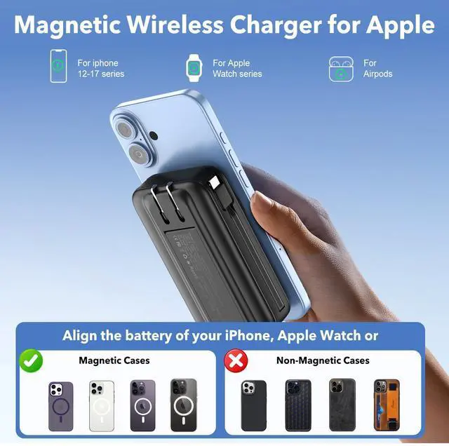 Alt view image 10 of 14 - Magnetic Portable Charger 10000mAh for iPhone with Built-in Cables and Wall Plug,Wireless Power Bank with iWatch Charger,LCD Display 22.5W Fast Charging Battery Pack for iPhone 16/15/14/13/12 (Black)