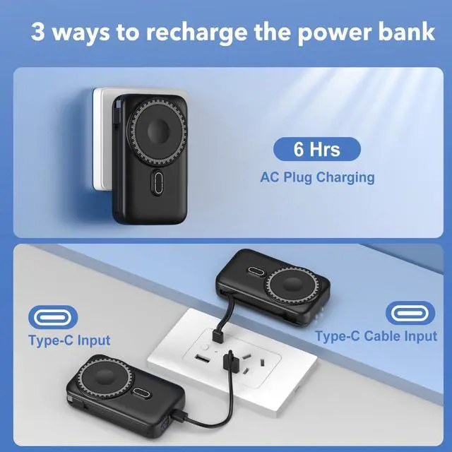 Alt view image 11 of 14 - Magnetic Portable Charger 10000mAh for iPhone with Built-in Cables and Wall Plug,Wireless Power Bank with iWatch Charger,LCD Display 22.5W Fast Charging Battery Pack for iPhone 16/15/14/13/12 (Black)