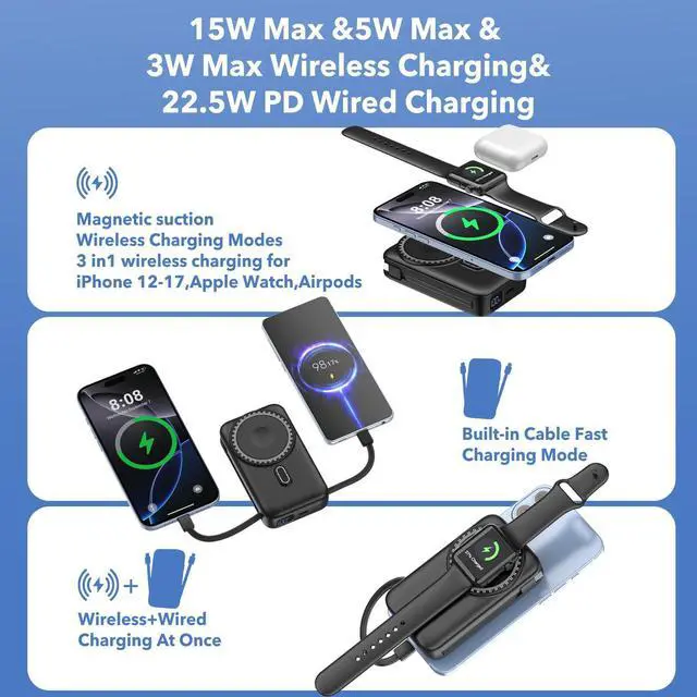 Alt view image 12 of 14 - Magnetic Portable Charger 10000mAh for iPhone with Built-in Cables and Wall Plug,Wireless Power Bank with iWatch Charger,LCD Display 22.5W Fast Charging Battery Pack for iPhone 16/15/14/13/12 (Black)