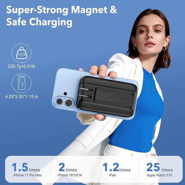 Alt view image 13 of 14 - Magnetic Portable Charger 10000mAh for iPhone with Built-in Cables and Wall Plug,Wireless Power Bank with iWatch Charger,LCD Display 22.5W Fast Charging Battery Pack for iPhone 16/15/14/13/12 (Black)