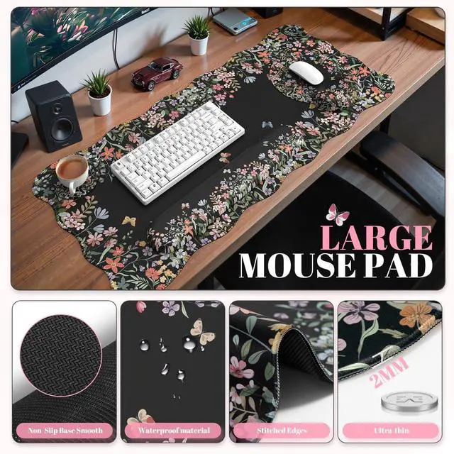 Alt view image 9 of 14 - Desk Mat Set,Large Mouse Pad with Wrist Rest,Ergonomic Keyboard Wrist Support for Women,Girly Floral Computer Mat with Scalloped Edges,Non-Slip Desk Pad Home Office Gaming (Black)