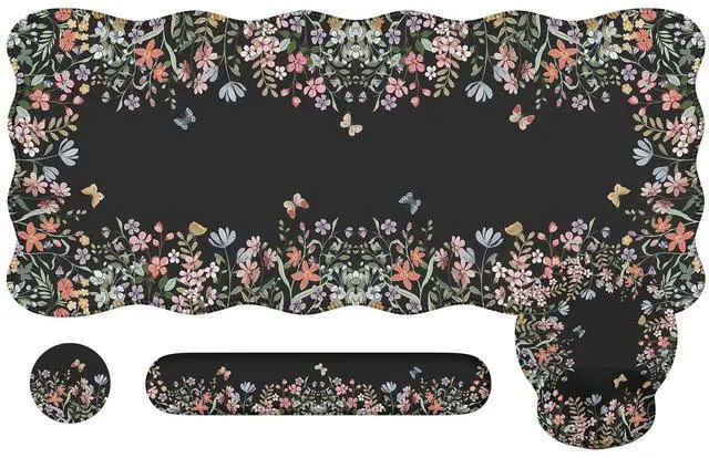Alt view image 8 of 14 - Desk Mat Set,Large Mouse Pad with Wrist Rest,Ergonomic Keyboard Wrist Support for Women,Girly Floral Computer Mat with Scalloped Edges,Non-Slip Desk Pad Home Office Gaming (Black)