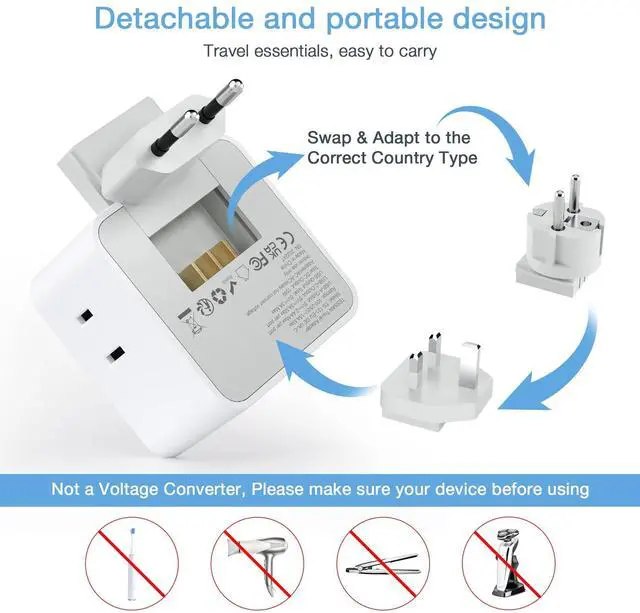 Alt view image 10 of 12 - All European UK Travel Plug Adapter Kit, International Detachable with 3 Outlet 3 USB Charger (1 USB C), Type C/G/E/F EU Ireland Power Adaptor, US to Europe Italy Spain France Greece