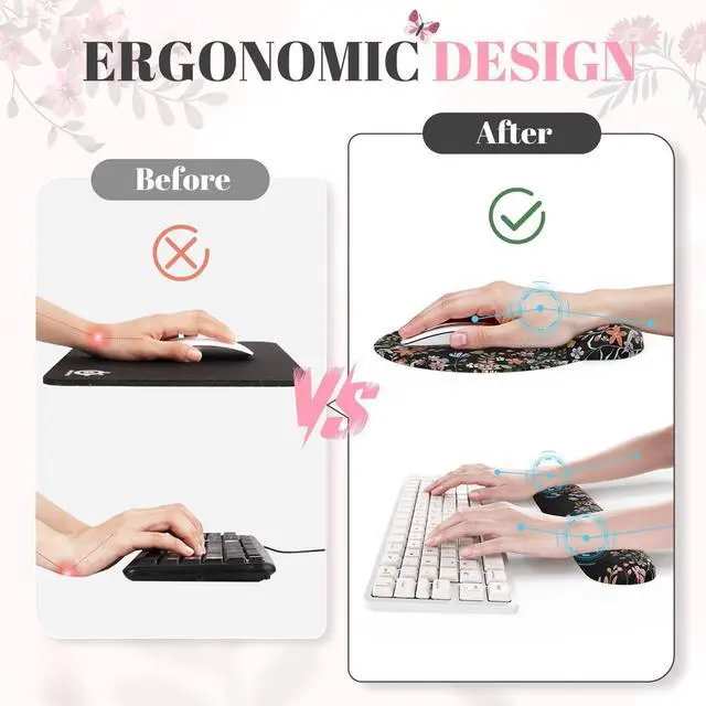 Alt view image 10 of 14 - Desk Mat Set,Large Mouse Pad with Wrist Rest,Ergonomic Keyboard Wrist Support for Women,Girly Floral Computer Mat with Scalloped Edges,Non-Slip Desk Pad Home Office Gaming (Black)