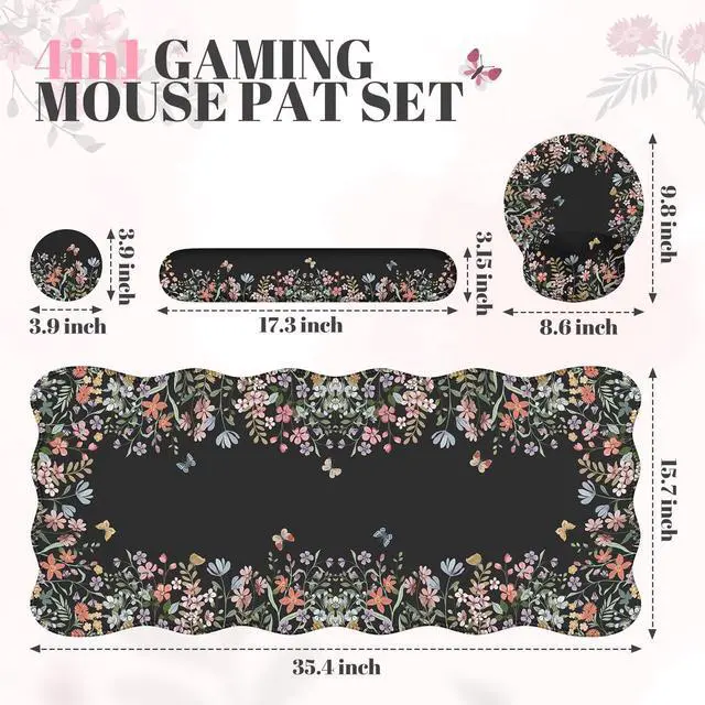Alt view image 12 of 14 - Desk Mat Set,Large Mouse Pad with Wrist Rest,Ergonomic Keyboard Wrist Support for Women,Girly Floral Computer Mat with Scalloped Edges,Non-Slip Desk Pad Home Office Gaming (Black)
