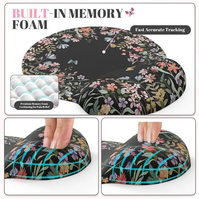 Alt view image 11 of 14 - Desk Mat Set,Large Mouse Pad with Wrist Rest,Ergonomic Keyboard Wrist Support for Women,Girly Floral Computer Mat with Scalloped Edges,Non-Slip Desk Pad Home Office Gaming (Black)