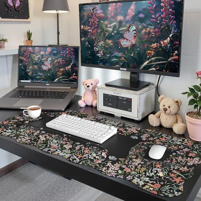 Alt view image 13 of 14 - Desk Mat Set,Large Mouse Pad with Wrist Rest,Ergonomic Keyboard Wrist Support for Women,Girly Floral Computer Mat with Scalloped Edges,Non-Slip Desk Pad Home Office Gaming (Black)