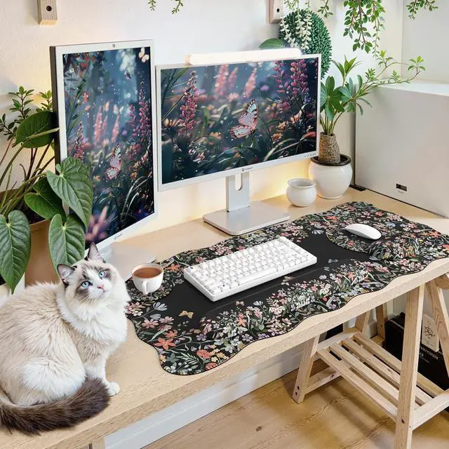 Alt view image 14 of 14 - Desk Mat Set,Large Mouse Pad with Wrist Rest,Ergonomic Keyboard Wrist Support for Women,Girly Floral Computer Mat with Scalloped Edges,Non-Slip Desk Pad Home Office Gaming (Black)