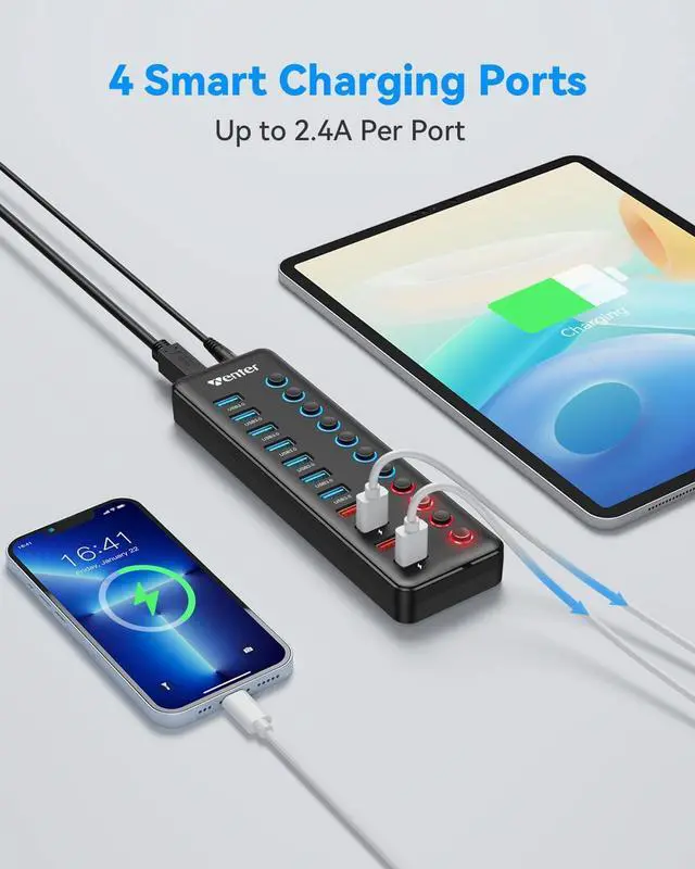 Alt view image 10 of 14 - Powered USB 3.0 Hub, 11-Port Hub Splitter (7 Faster Data Transfer Ports+ 4 Smart Charging Ports) with Individual LED On/Off Switches, Power Adapter for Mac, PC