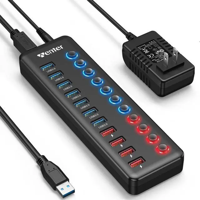 Alt view image 8 of 14 - Powered USB 3.0 Hub, 11-Port Hub Splitter (7 Faster Data Transfer Ports+ 4 Smart Charging Ports) with Individual LED On/Off Switches, Power Adapter for Mac, PC