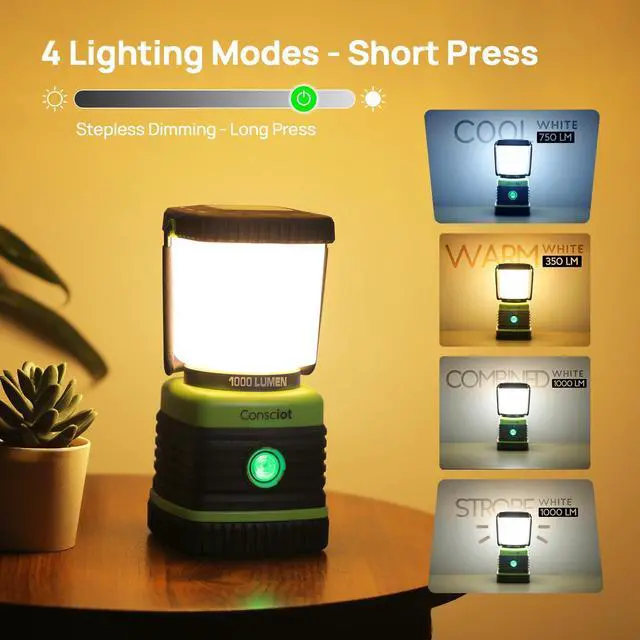 Alt view image 10 of 14 - LED Battery Powered Camping Lantern, 1000LM, 4 Light Modes, IPX4 Waterproof Portable Tent Flashlight for Power Outages, Emergency, Hurricane, Hiking, Light Green, 2-Pack