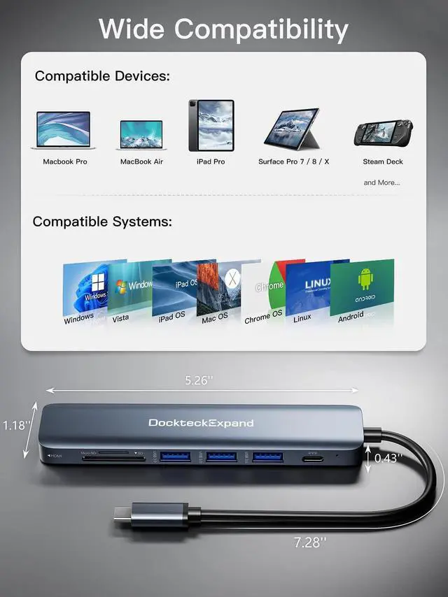 Alt view image 14 of 14 - USB C Hub, 7 in 1 USB-C Multiport Adapter with 4K HDMI, 100W Power Delivery, 3 USB 3.0 Ports, SD/TF Card Reader, for MacBook Pro/Air, iMac, iPad Pro, Surface Pro 7/8, XPS, HP and More