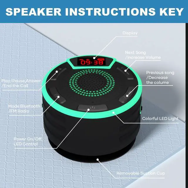 Alt view image 13 of 14 - Bluetooth Speakers, IPX7 Waterproof Shower Speaker, Portable Speaker with LED Display, FM Radio, Suction Cup, Light Show, Built-in Mic, Best Gifts for Pool Beach Home Party Travel Outdoors