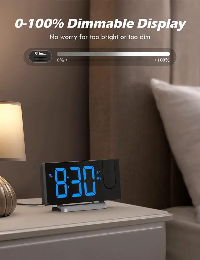 Alt view image 8 of 12 - Projection Alarm Clock with FM Radio, USB Charging Port, 0-100% Dimmer, Dual Alarms, HD LED Display, 30 Preset Stations, Sleep Timer, 5 Alarm Sounds, Snooze, Curved Screen, Digital Clock for Bedroom